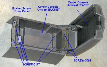 Picture of Center Console Arm Rest Storage Bucket Parts Clips and Hardware 