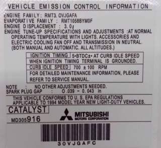 Picture of Vehicle Emission Control Decal 1994 3SX